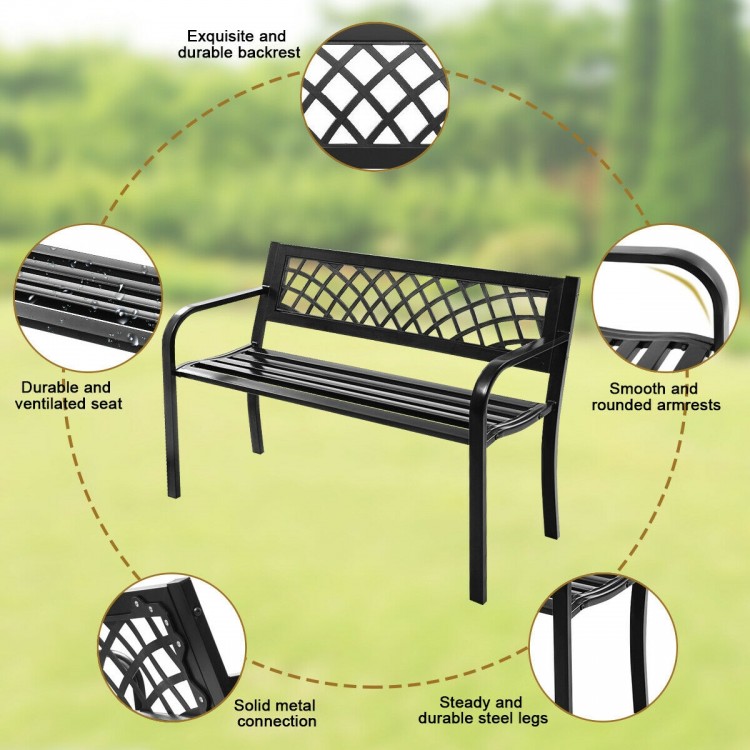 Black steel bench with PVC backrest mesh, sturdy design for outdoor seating, featuring smooth armrests and durable legs.