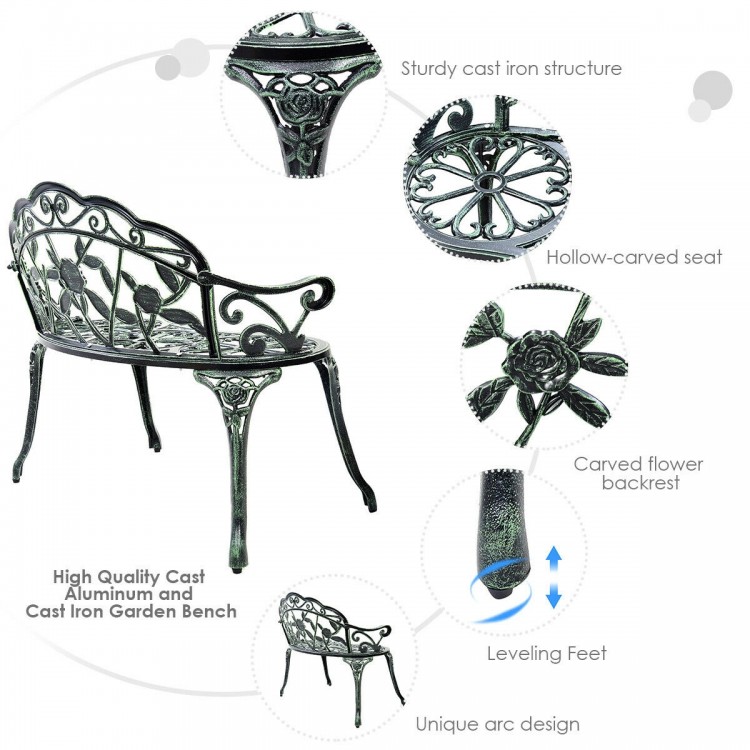 Elegant outdoor cast aluminum patio bench with antique rose design, sturdy construction, perfect for garden relaxation.