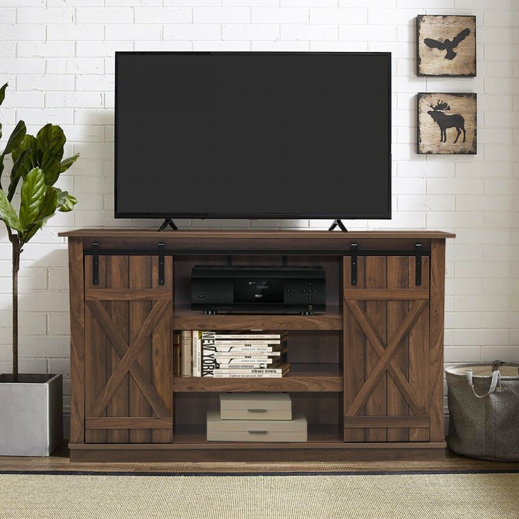 Sliding barn TV stand in brown with rustic doors, accommodating TVs up to 60", featuring cable management and ample.