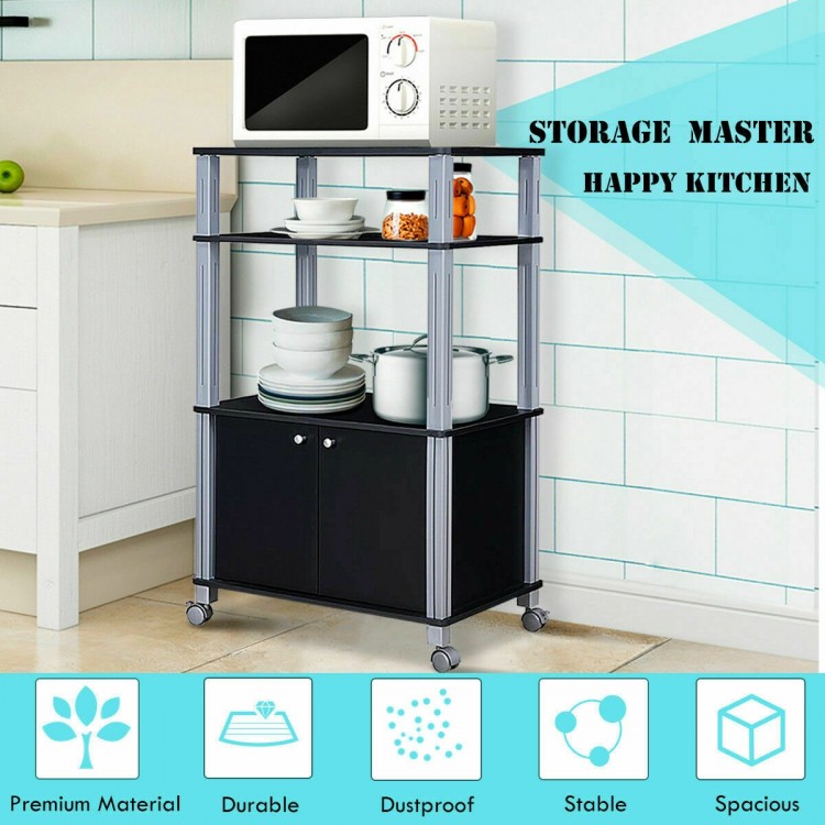 Microwave rack stand with sturdy black laminated MDF, featuring a spacious 2-door cabinet and easy-rolling caster.
