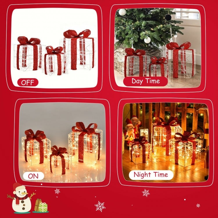 Three pieces of lighted Christmas gift box decorations with red bows, showcasing daytime and nighttime illumination.