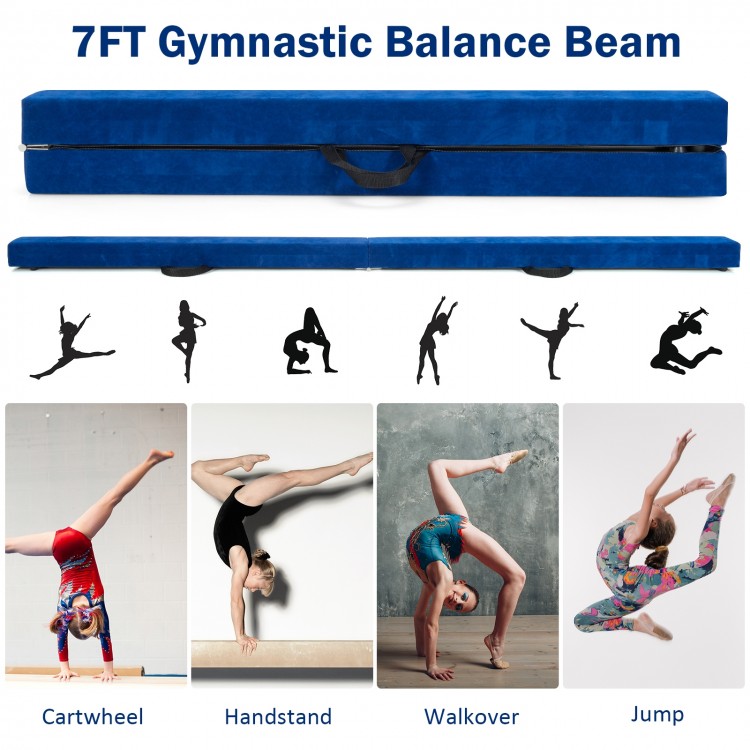 7FT blue folding balance beam with handles, featuring a wood core and foam top for safe gymnastic training at home.