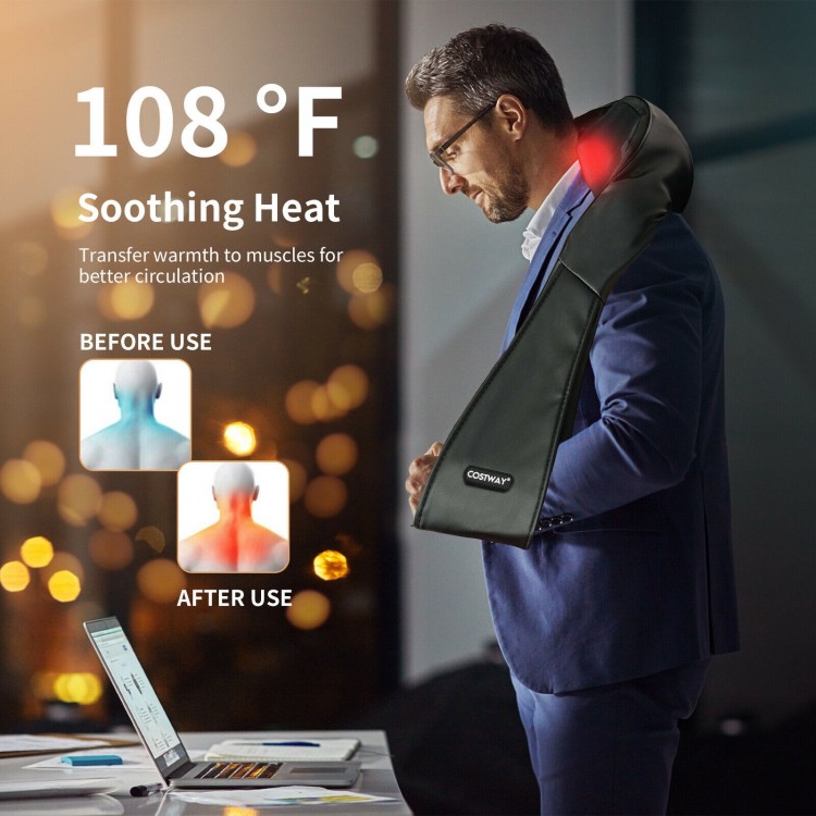 Shiatsu neck massager in black with heating function and 8 deep-kneading nodes for muscle relaxation and comfort.