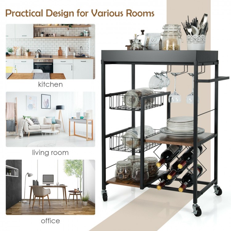 4-tier kitchen island cart on wheels showcasing two shelves and a wine rack, ideal for storage in kitchens and living.
