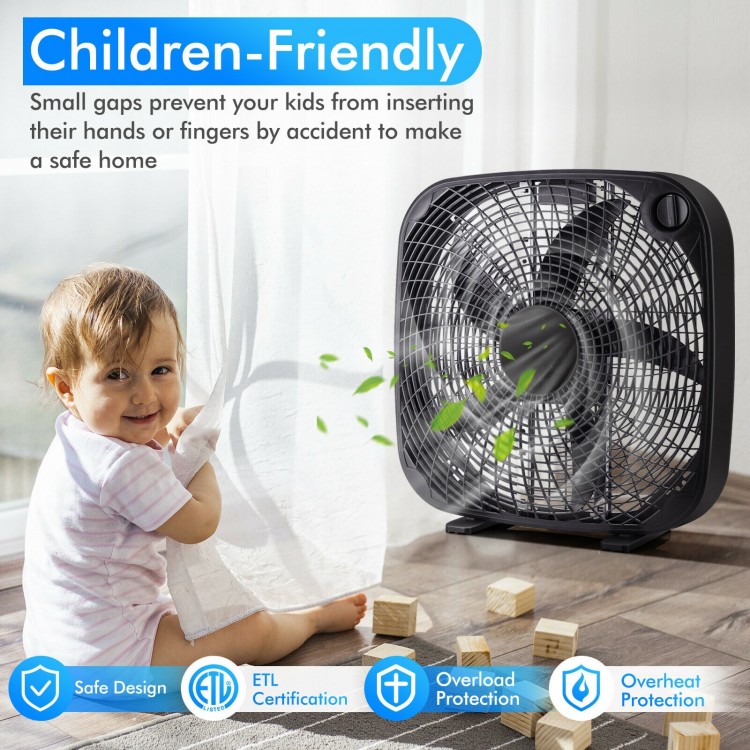 20-inch black box fan with 3-speed settings, durable design, and safety grill for child protection, ideal for home.