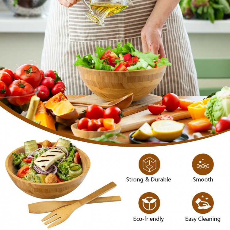 Bamboo salad bowl set with server utensils, featuring smooth, eco-friendly material, ideal for serving salads and.