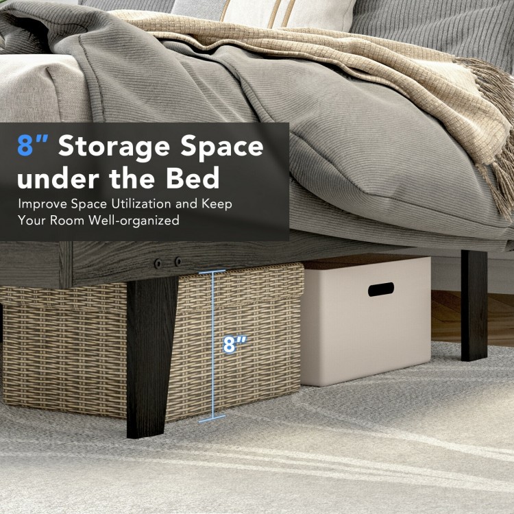 Queen size upholstered bed frame with tufted headboard and 8" under-bed storage space for organized belongings.