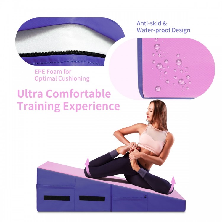 Folding wedge exercise gymnastics mat in purple with EPE foam, anti-skid design, ideal for home and gym workouts.