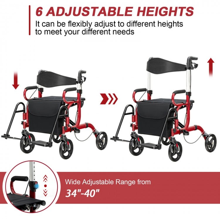 Folding rollator walker with 8-inch wheels, adjustable height from 34" to 40", ideal for seniors and limited mobility.