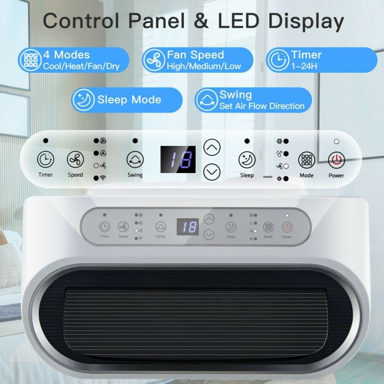 Control panel and LED display of the 12000 BTU portable air conditioner with smart control features for easy operation.