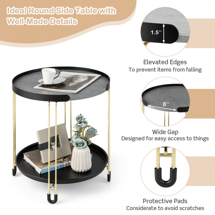 2-tier round side table with removable tray, grey dolomite top, and golden metal frame for small spaces.