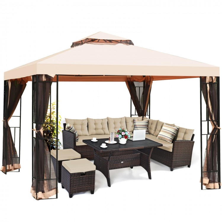 10 x 10 feet 2-tier vented metal canopy with mosquito netting, featuring a rust-resistant frame for outdoor events.
