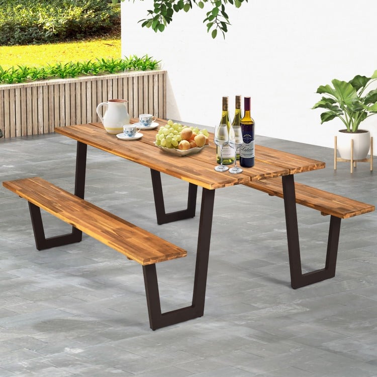 Acacia wood dining table set with metal frame and umbrella hole, ideal for outdoor dining on patios or balconies.