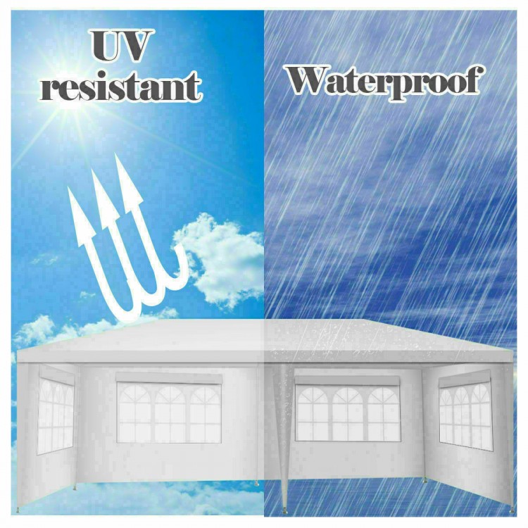 Side-by-side comparison of a 10 x 20 feet outdoor canopy tent showing UV resistant and waterproof features.