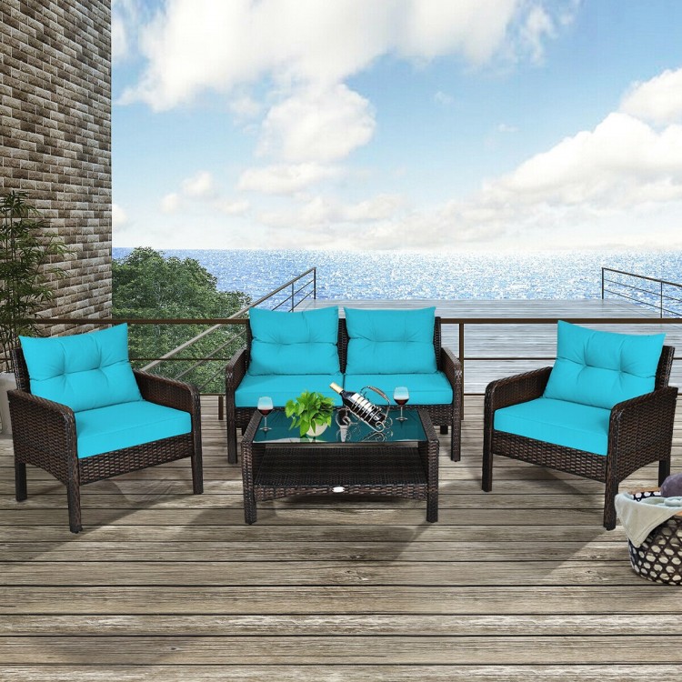 4-piece outdoor rattan wicker loveseat furniture set with turquoise cushions, perfect for enhancing your garden's style.