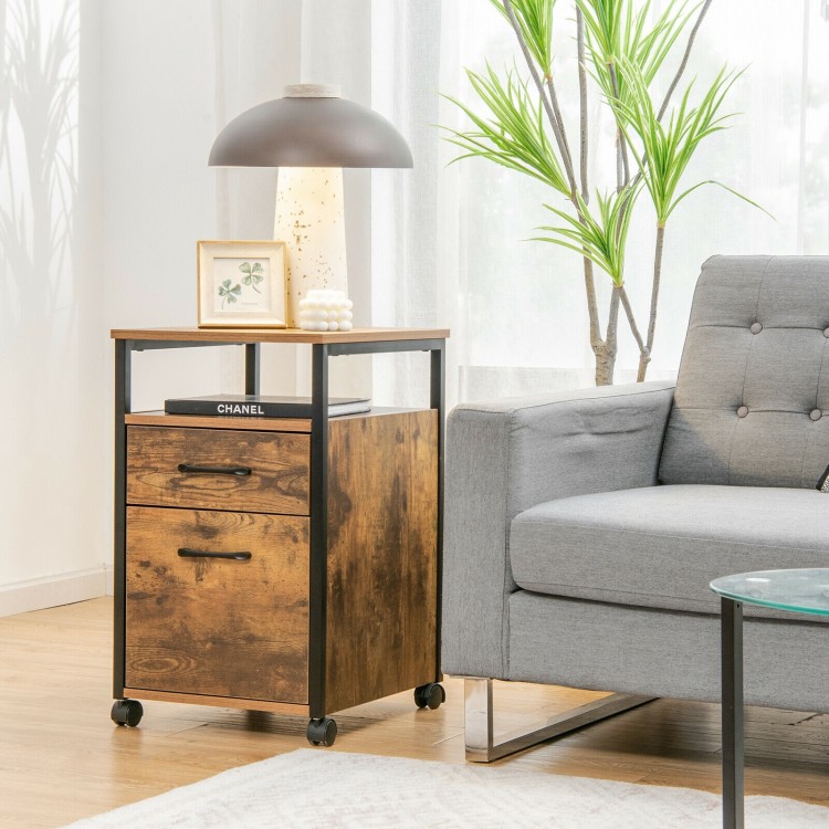 2-drawer mobile file cabinet in rustic brown with open shelf, ideal for office supplies and printer stand.