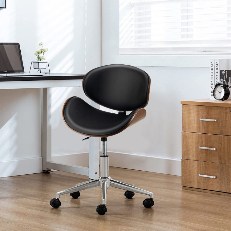 Curved black PU leather office chair with bentwood back, adjustable height, and 360° swivel for versatile workspace use.