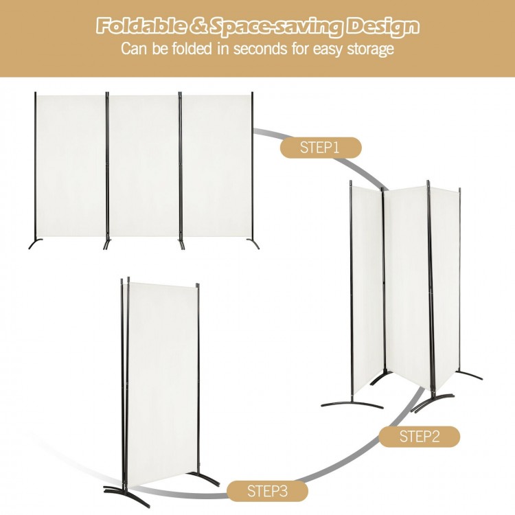 3-panel folding privacy partition screen in white, featuring durable hinges and a foldable design for easy storage.