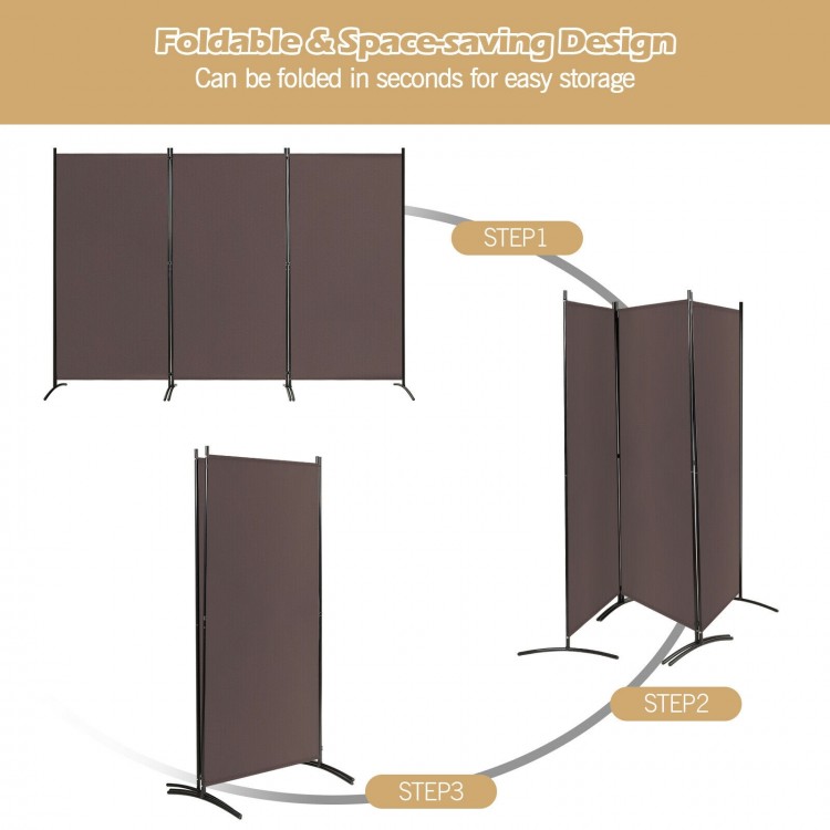 3-panel folding privacy partition screen in brown, made of polyester fabric and steel, ideal for office and home use.