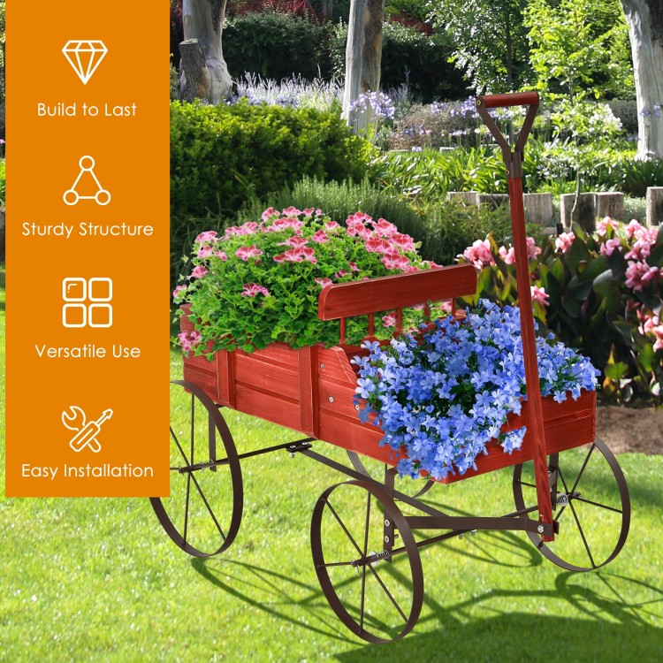 Wooden wagon plant bed with wheels in red, featuring two planting sections for flowers, ideal for garden or patio use.