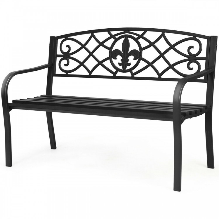 Heavy-duty 50-inch metal garden bench with ornate backrest, perfect for outdoor spaces like patios and decks.