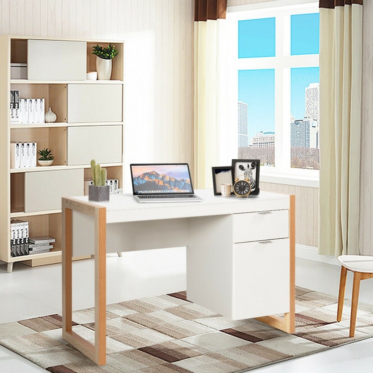Modern white computer desk with a large drawer and cabinet, ideal for home office use and maximizing workspace.