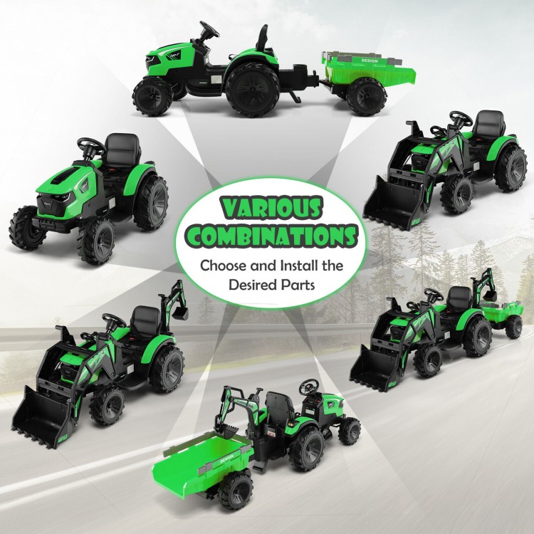 Kids ride-on excavator in green with shovel bucket and trailer, featuring 12V battery and parental remote control.