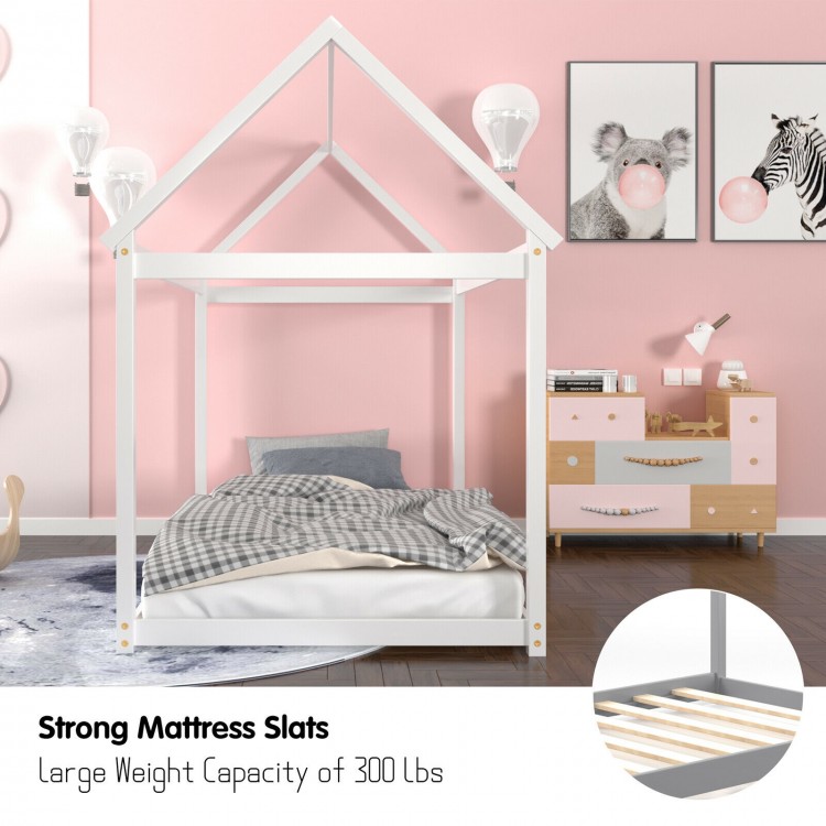 Stable kids platform floor bed with roof, white wooden frame, strong mattress slats, ideal for toddlers to teens.