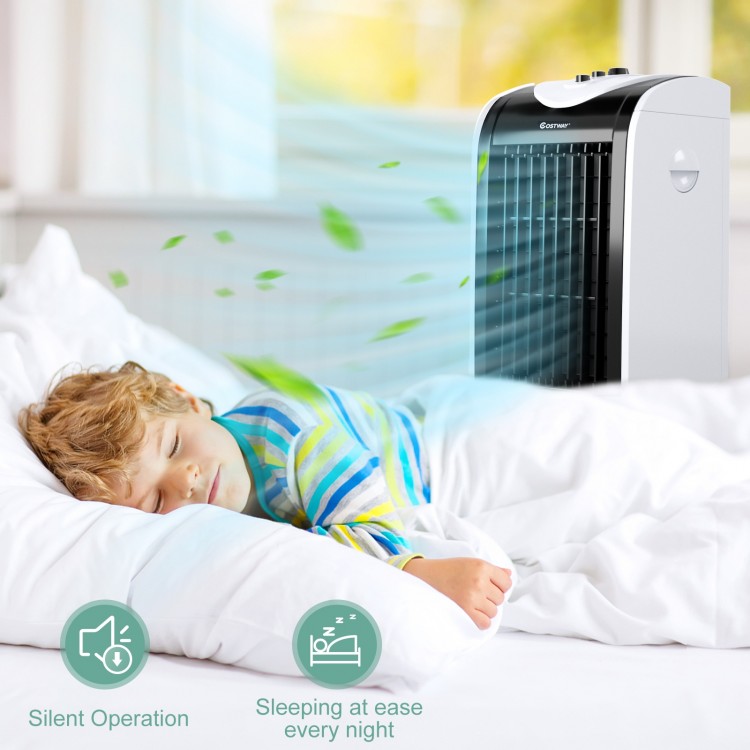 3-in-1 portable evaporative air cooler with filter knob, ideal for indoor use, providing cooling and humidifying.