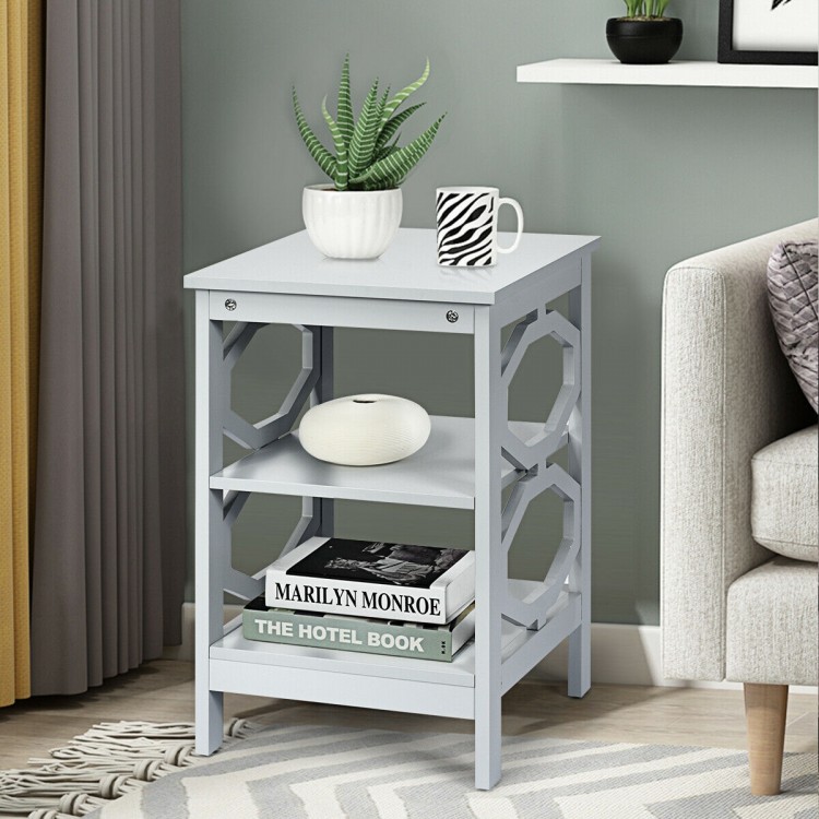 Gray 3-tier nightstand featuring a smooth surface and elegant design, ideal for decor in any room.