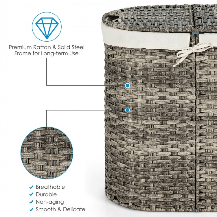 Handwoven gray laundry hamper basket with removable liner bags and sturdy rattan, ideal for bedroom or laundry room.
