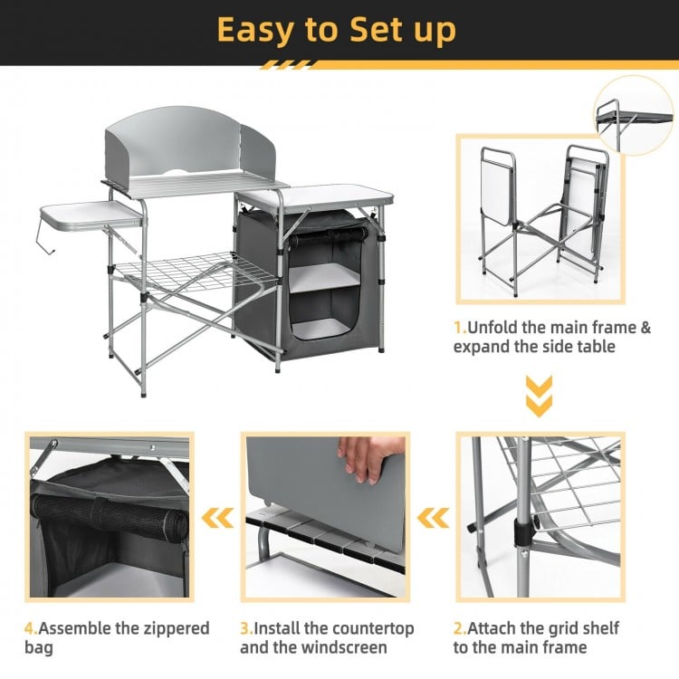 Foldable outdoor BBQ grilling table with windscreen, aluminum frame, and multi-function shelves for easy cooking setup.