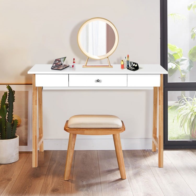 Modern white computer desk with rubberwood legs, featuring a large drawer, perfect for home office or study use.