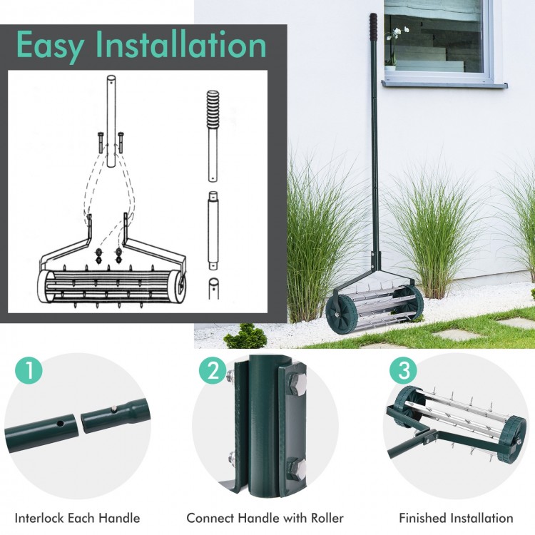 18-inch rolling lawn aerator with anti-slip handle and tine spikes, designed for efficient lawn aeration and easy.
