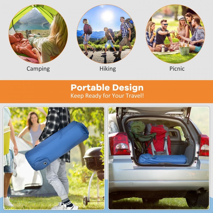 Self-inflating blue camping sleeping mattress with carrying bag, compact design for easy transport and outdoor use.
