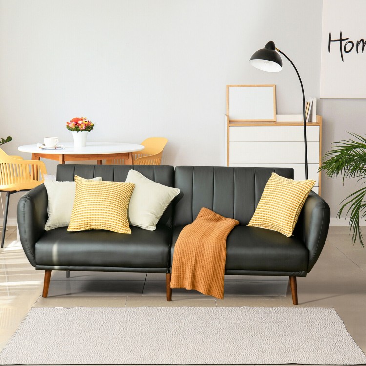 Three-seat black convertible sofa bed with adjustable backrest, ideal for small apartments and versatile living spaces.
