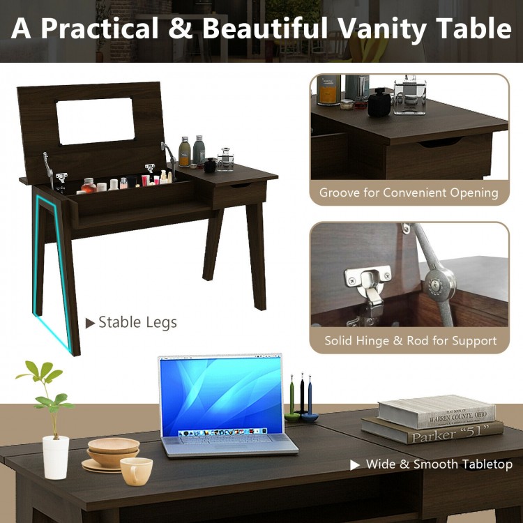 Dressing table with flip mirror and storage drawer, featuring stable legs and ample storage for organized makeup.