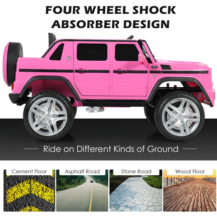 Pink 12V licensed Mercedes-Benz kids ride-on car with four-wheel shock absorbers, suitable for various ground types.