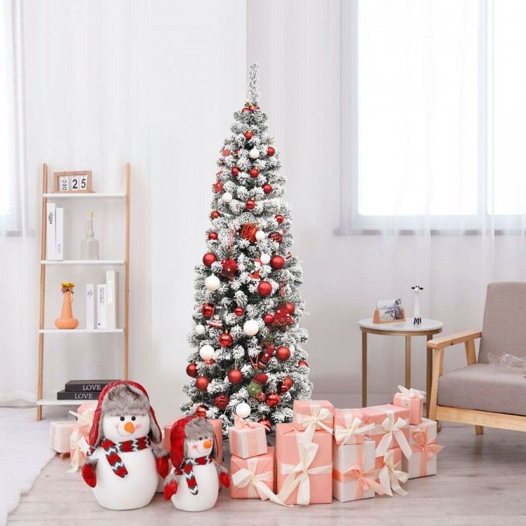 Snow flocked 6 feet pre-lit pencil Christmas tree with 250 LED lights, perfect for limited spaces and festive decor.