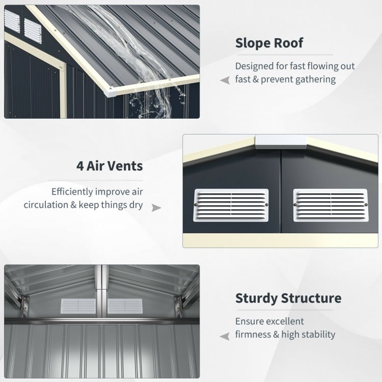 Metal storage shed features a slope roof for rain drainage, 4 air vents for circulation, and sturdy steel construction.