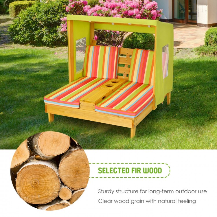 Kids patio lounge chair in multicolor with awning, cup holders, and solid fir wood for outdoor play and relaxation.