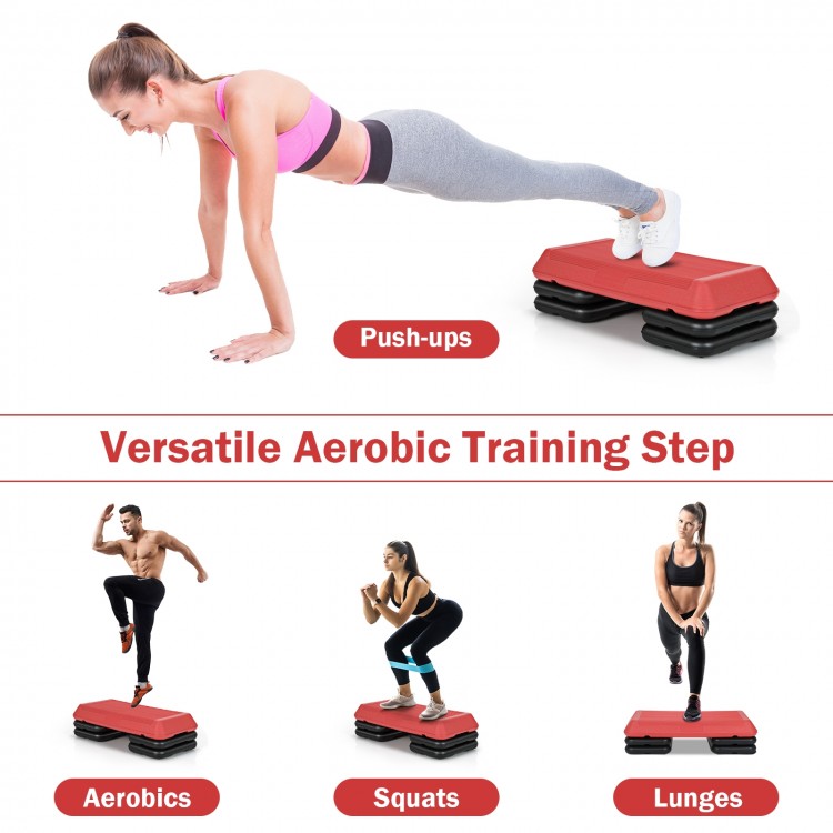 Adjustable 29-inch red aerobic stepper with detachable risers for versatile workouts like push-ups, squats, and lunges.