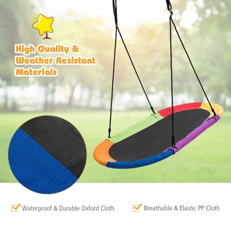 Multicolor 60-inch saucer swing made of durable oxford cloth, adjustable height, suitable for multiple children to play.