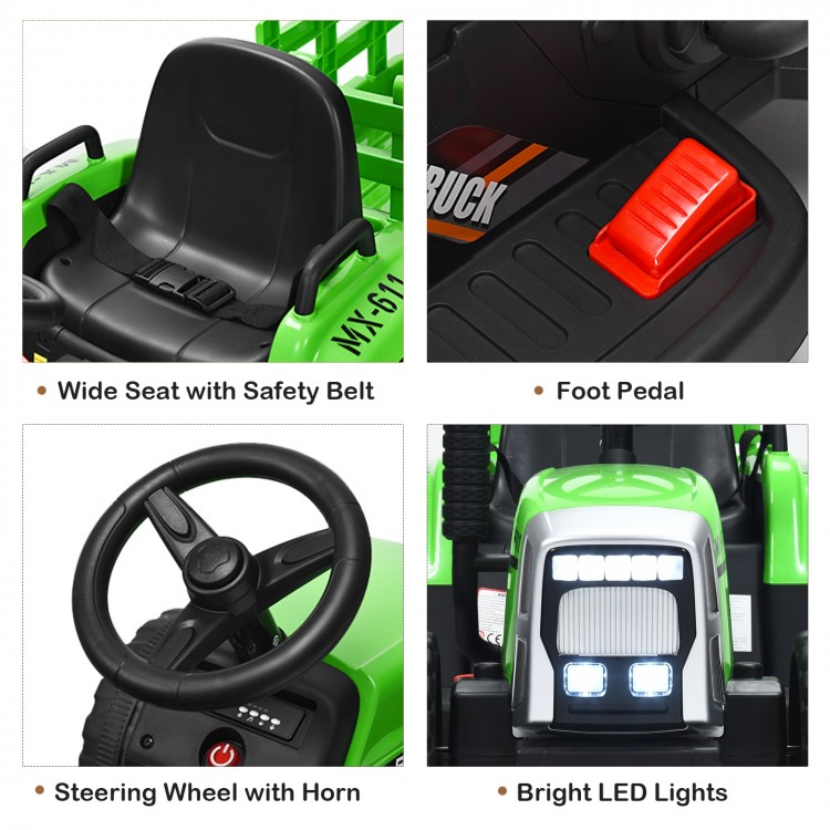 Wide seat with safety belt and foot pedal of the green 12V ride-on tractor for kids, featuring bright LED lights.