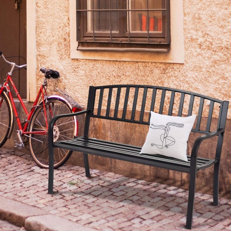 50-inch patio garden bench with ergonomic design and armrests, perfect for outdoor relaxation in any setting.