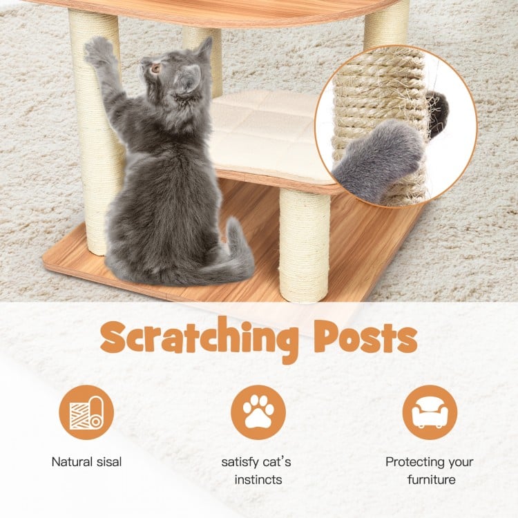 Tall wooden cat tree with sisal posts, featuring 6 levels for climbing and a condo, perfect for cat play and scratching.