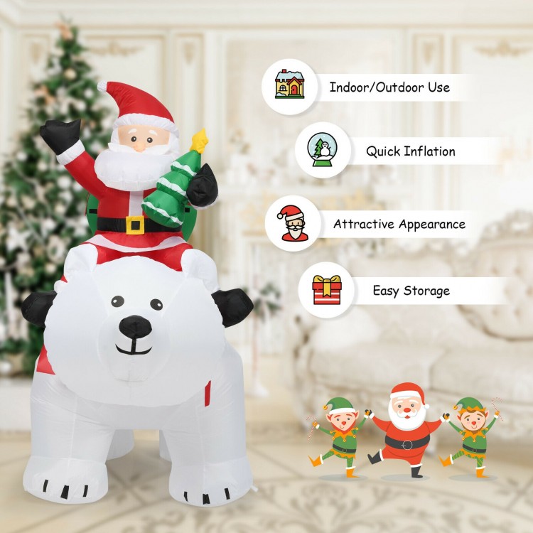 Christmas inflatable Santa riding a polar bear, 6.5 feet tall, with LED lights for festive indoor/outdoor decoration.