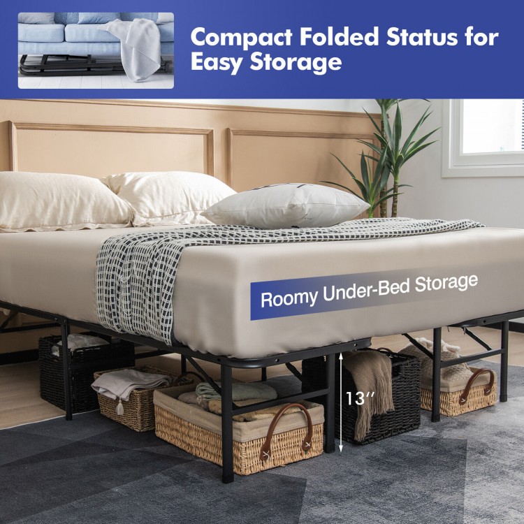 Folding steel platform bed frame with 13-inch under-bed storage, ideal for compact living and guest accommodations.