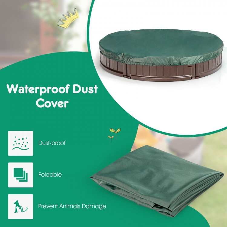 Round brown sandbox with built-in corner seats and foldable dust-proof cover for outdoor play and protection.