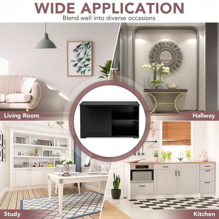 Black kitchen storage cupboard cabinet with sliding doors, featuring spacious top and shelves, ideal for dining room.